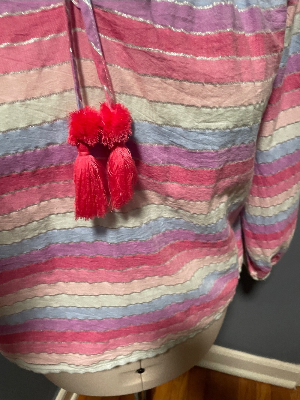 J. Crew Pink Multicolor Striped Tie-Front Peasant Top Size-Small NWOT - Picture 9 of 9